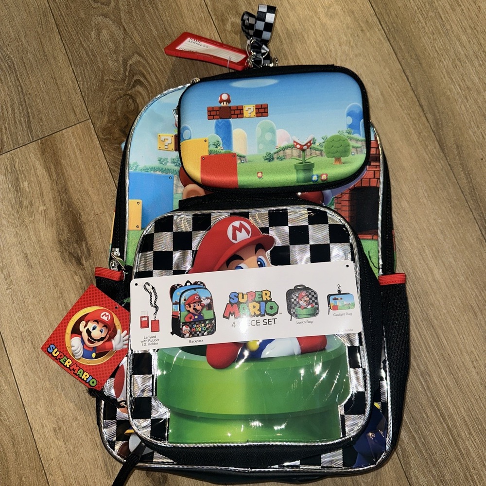 Nintendo Super Mario 4-Piece Set 17" Backpack Lunch Box Gadget & School Bag‎ New